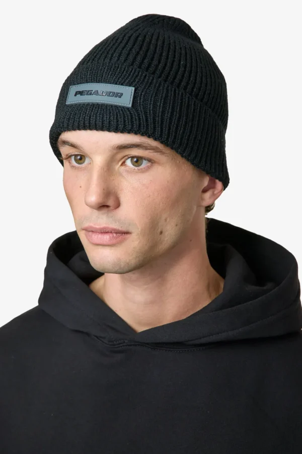 Logo Rubber Beanie Heavy Knit Black Black