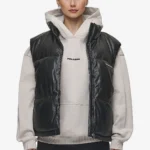 Priory Faux Leather Puffer Vest Metal Logo Black