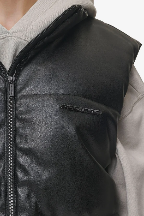 Priory Faux Leather Puffer Vest Metal Logo Black