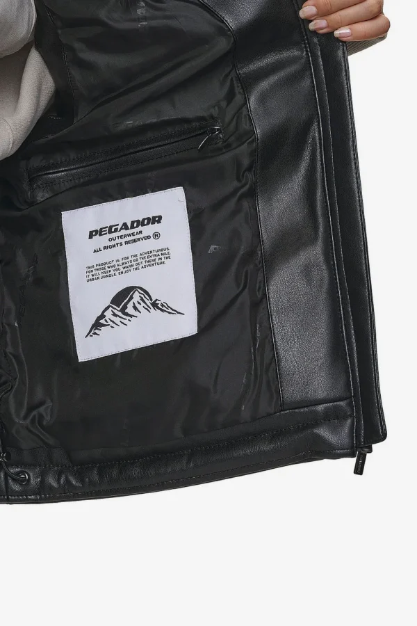 Priory Faux Leather Puffer Vest Metal Logo Black